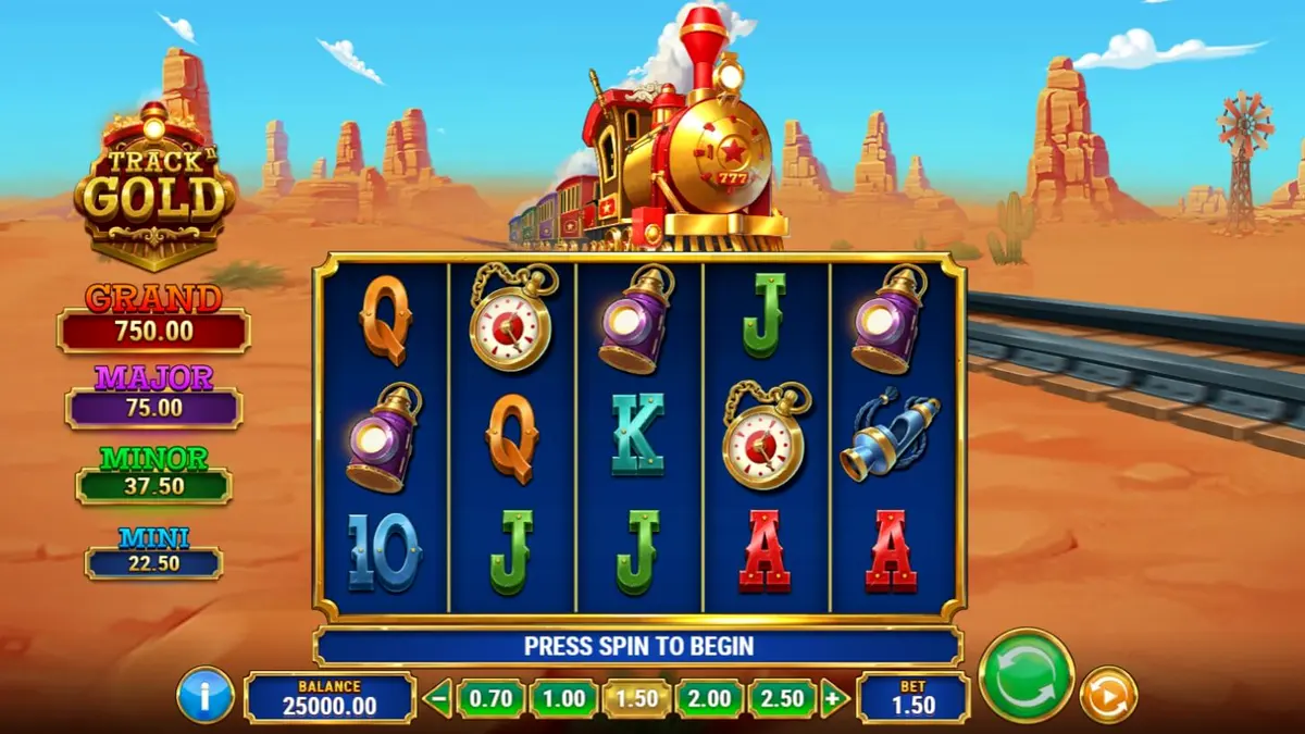 Tampilan visual slot Track’n Gold dengan tema kereta api dan emas